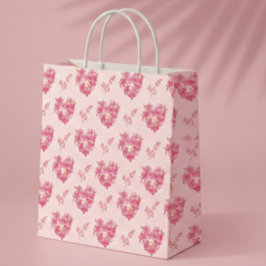 Pink Floral Hearts Pattern ミディアムペーパーバッグ