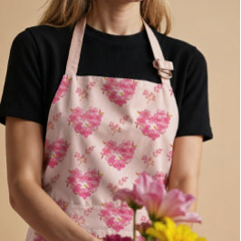 Pink Floral Hearts Pattern All-Over Print Apron エプロン
