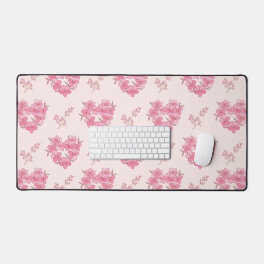 Pink Floral Hearts Pattern Desk Mat デスクマット (キーボード&マウス)