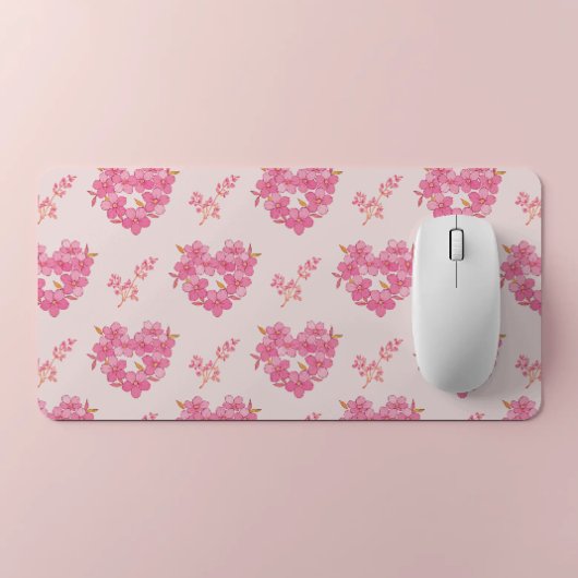 Pink Floral Hearts Pattern Desk Mat デスクマット