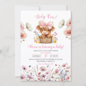 Pink Floral Heifer Bull Baby Shower Invitation 招待状 (正面)