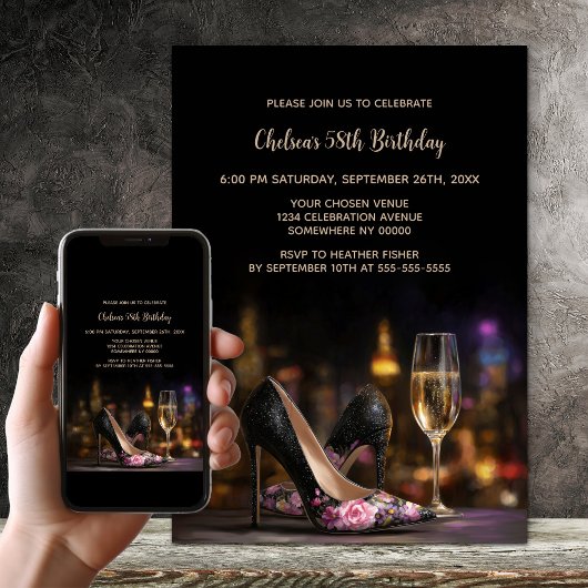 Pink Floral High Heel Shoes Birthday Party 招待状