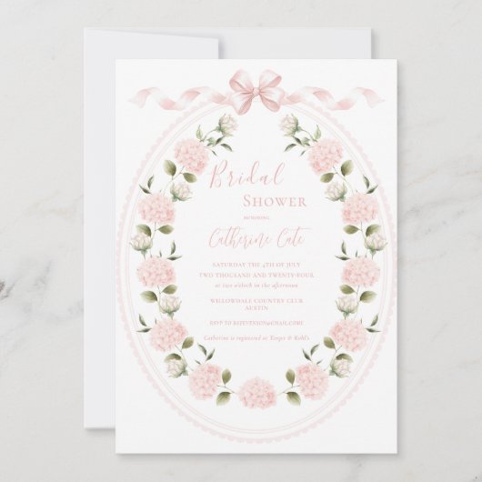 Pink Floral Hydrangea Elegant Bridal Shower  招待状 (正面)
