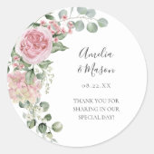 Pink Floral Hydrangea Peony Eucalyptus Wedding  ラウンドシール (正面)