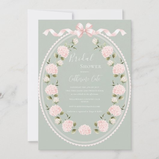 Pink Floral Hydrangea Sage Green Elegant Bridal  招待状 (正面)