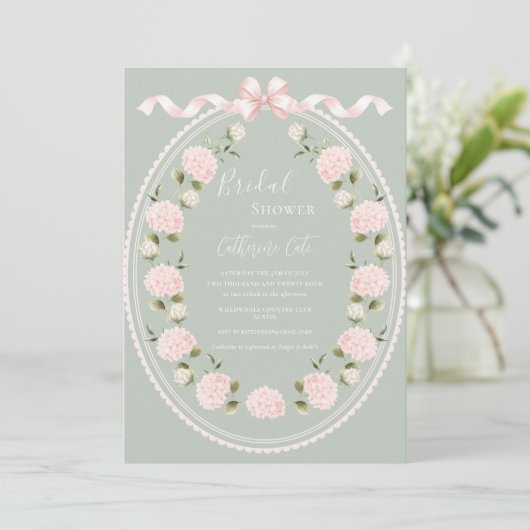Pink Floral Hydrangea Sage Green Elegant Bridal  招待状 (スタンド正面)
