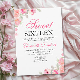 Pink Floral Illustration Sweet Sixteen 招待状