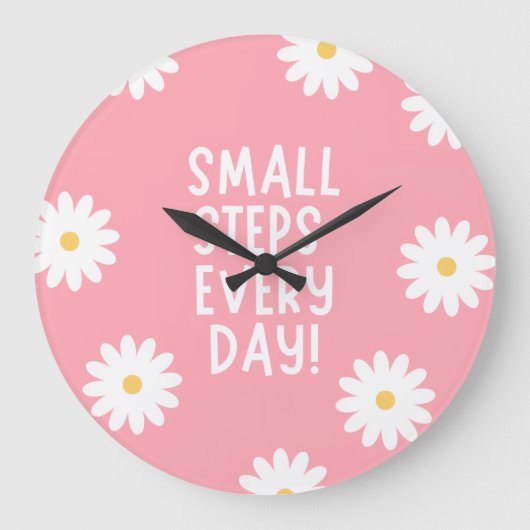 Pink Floral Inspiration – Small Steps Every Day ラージ壁時計 (正面)