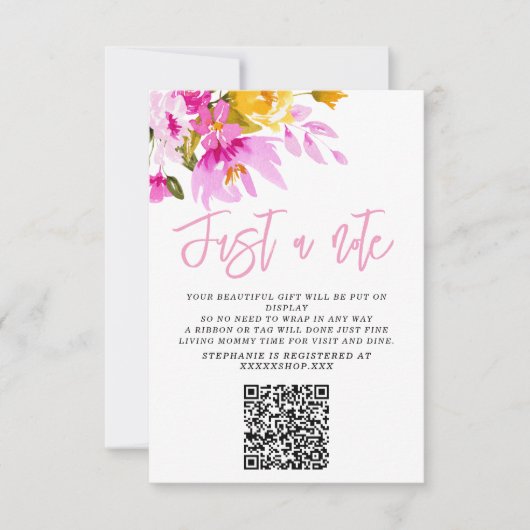 Pink Floral Just a Note Baby Shower Card 招待状 (正面)