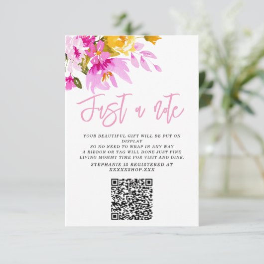Pink Floral Just a Note Baby Shower Card 招待状 (スタンド正面)