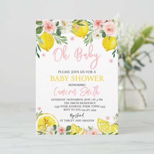 Pink Floral Lemon Baby Shower 招待状 (スタンド正面)