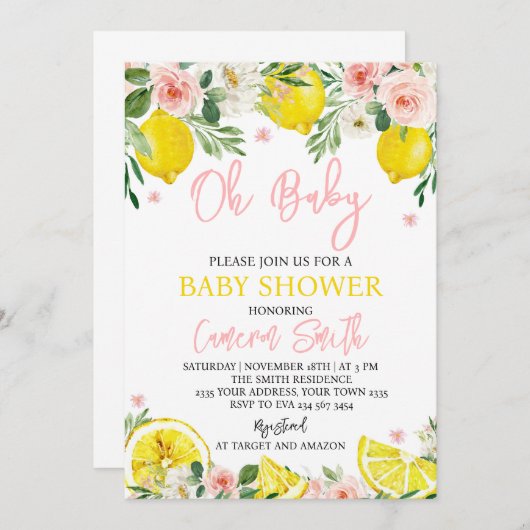 Pink Floral Lemon Baby Shower 招待状 (正面/裏面)