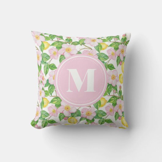 Pink Floral Lemon Pattern Monogram クッション (正面)
