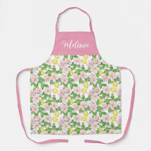 Pink Floral Lemon Pattern Personalised Name エプロン (正面)