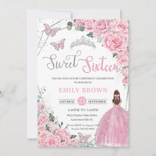 Pink Floral Light Brown Princess Sweet 16 Birthday 招待状 (正面)