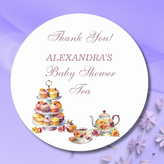 Pink Floral Lilac Tea Party Baby Shower Favor  ラウンドシール