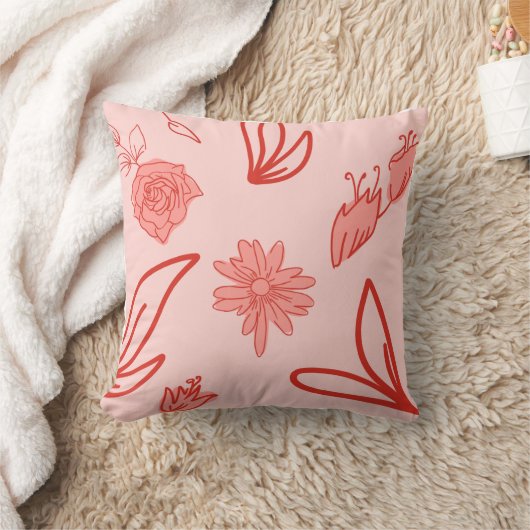 Pink Floral Line Art Pattern クッション (ブランケット)