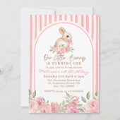 Pink Floral Little Bunny Turning One Birthday  招待状 (正面)