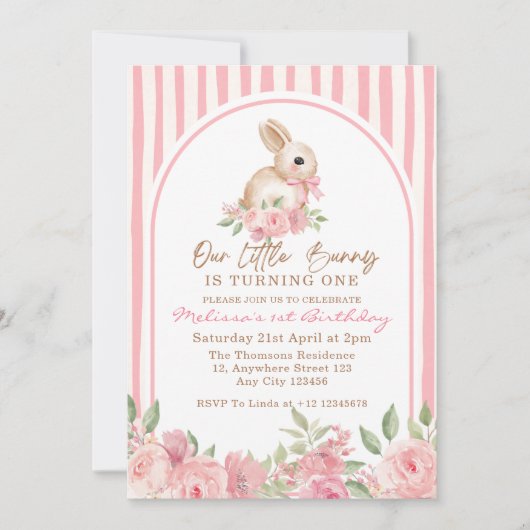 Pink Floral Little Bunny Turning One Birthday  招待状 (正面)