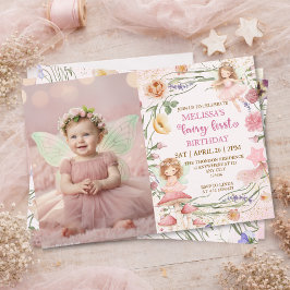 Pink Floral Magical Fairy First Birthday Photo  招待状