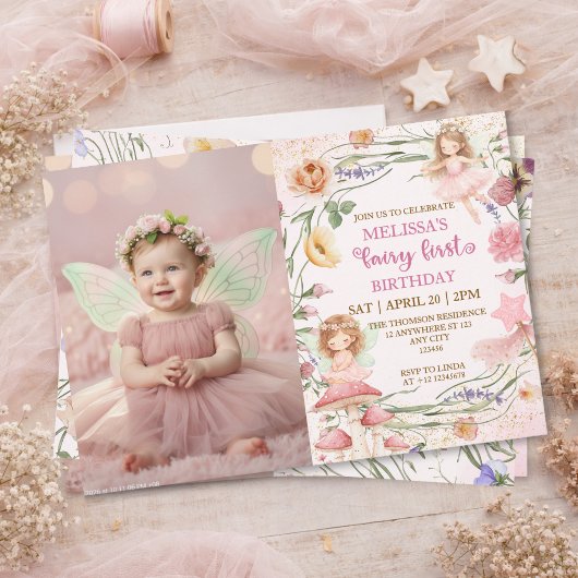 Pink Floral Magical Fairy First Birthday Photo  招待状