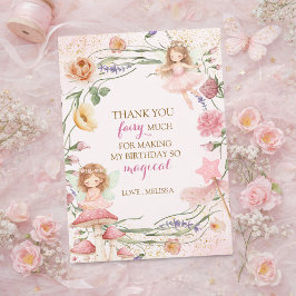 Pink Floral Magical Fairy Garden Girl Birthday    サンキューカード