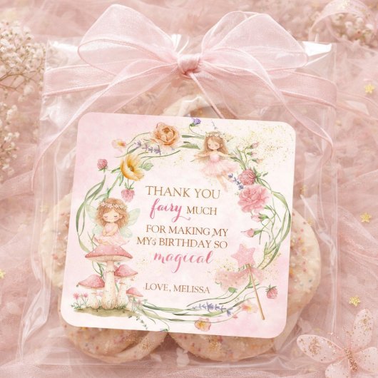 Pink Floral Magical Fairy Garden Girl Birthday    スクエアシール