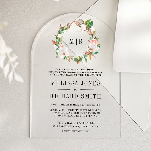 Pink Floral Magnolia Monogram Wedding   アクリル招待状