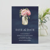 Pink Floral Mason Jar Photo Navy Blue Wedding セーブザデート (スタンド正面)