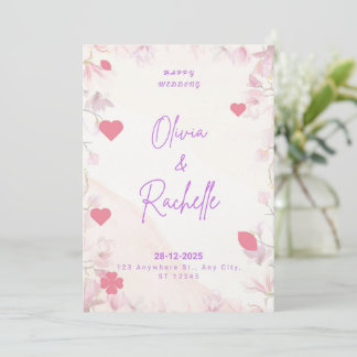 Pink Floral Minimalist Happy Wedding Invitation Ca 招待状