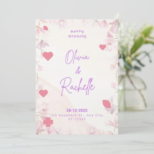 Pink Floral Minimalist Happy Wedding Invitation Ca 招待状 (スタンド正面)