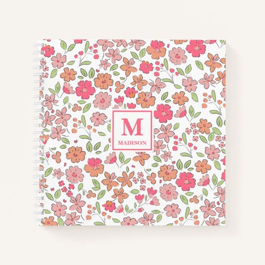 Pink Floral Monogram Notebook Journal ノートブック (正面)