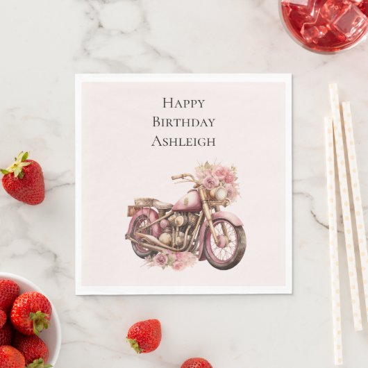 Pink Floral Motorcycle Birthday スタンダードランチョンナプキン (インサイチュ)
