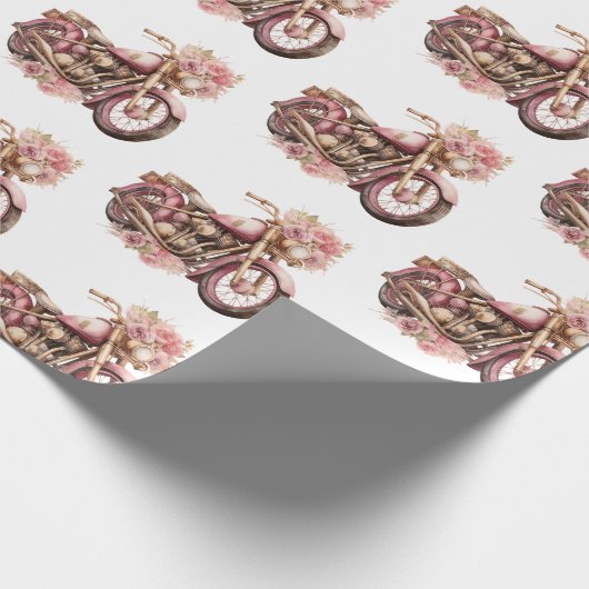 Pink Floral Motorcycle Birthday ラッピングペーパー (角)