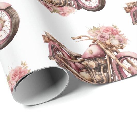 Pink Floral Motorcycle Birthday ラッピングペーパー (ロールコーナー)