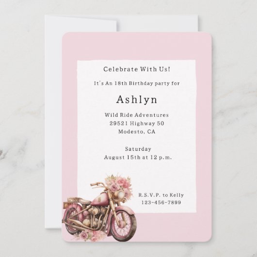 Pink Floral Motorcycle Birthday   招待状 (正面)