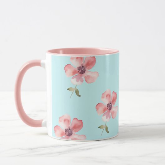 Pink Floral Mug – Blue Pastel Pattern マグカップ (左)
