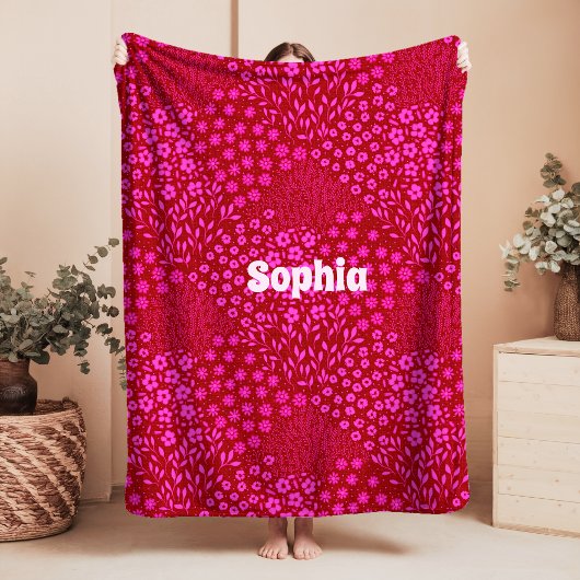 Pink Floral Name Sherpa Blanket Grandmillennial シェルパブランケット