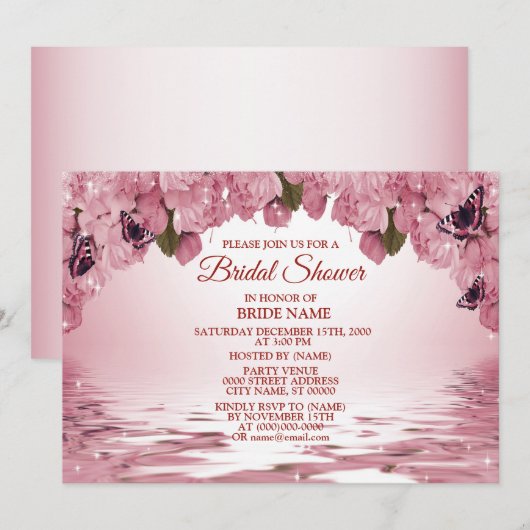 Pink Floral Nature Butterfly Outdoor Bridal Shower 招待状 (正面/裏面)