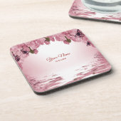 Pink Floral Nature Butterfly Outdoor Wedding Party コースター (左側)