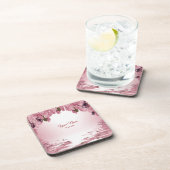 Pink Floral Nature Butterfly Outdoor Wedding Party コースター (右側)