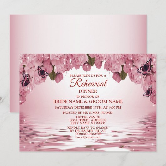 Pink Floral Nature Wedding Rehearsal Dinner Party 招待状 (正面/裏面)