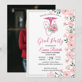 Pink Floral Nurse Graduation Invitation | RN BSN G 招待状