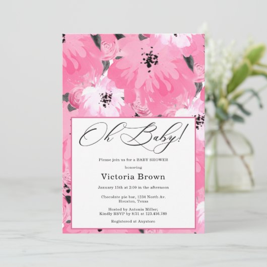 Pink Floral Oh Baby Shower Invitation 招待状 (スタンド正面)