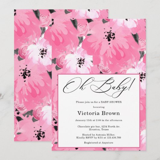 Pink Floral Oh Baby Shower Invitation 招待状 (正面/裏面)