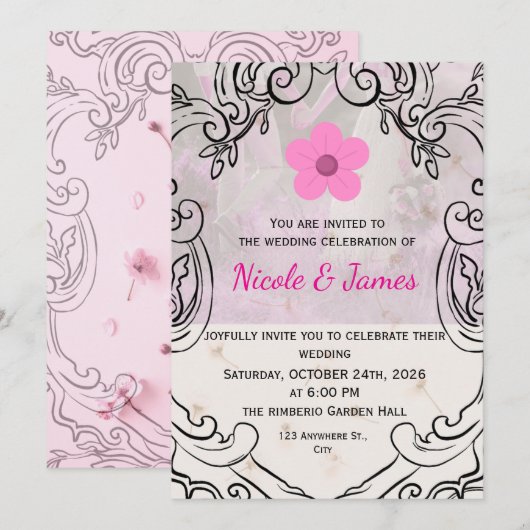 Pink Floral Ornate Elegant Wedding Invitation 招待状 (正面/裏面)