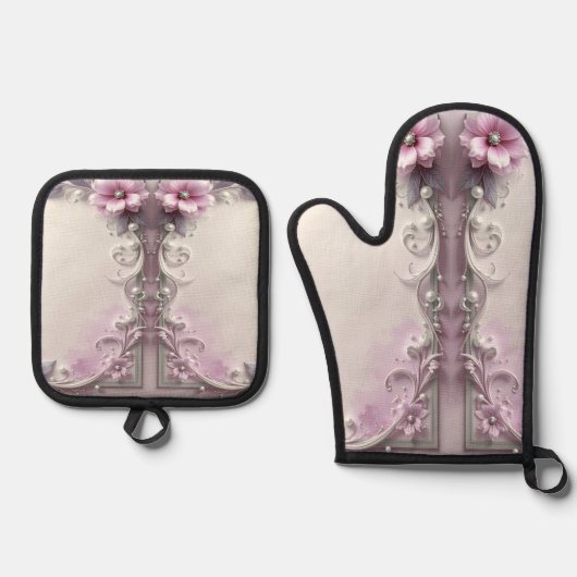Pink Floral Oven Mitt & Pot Holder Set 鍋つかみ&鍋敷きセット (正面)