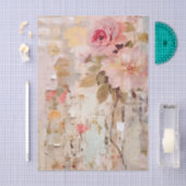 Pink Floral Painting on Torn Paper Collage 薄葉紙 (クラフト)