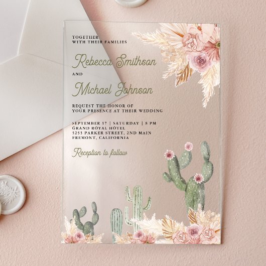 Pink Floral Pampas Cactus Wedding アクリル招待状