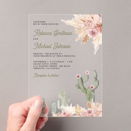 Pink Floral Pampas Cactus Wedding アクリル招待状 (インサイチュ (ポータブル))